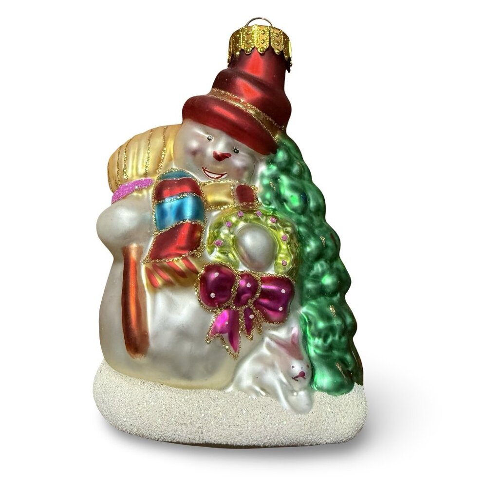 Vintage UT Snowman Christmas Ornament Blown Glass Handpainted Retro Red Green